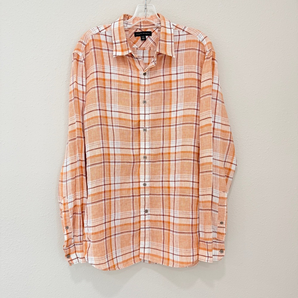 Banana Republic Linen Shirt Large Orange Plaid Coastal Beachy Minimalist Rustic